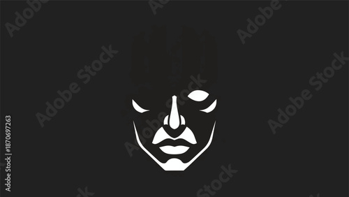 Minimalist face illustration with bold lines and striking contrast on dark background.