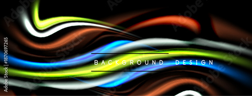 Abstract colorful waves flow across black background. Dynamic lines create modern design element. Bright hues blend seamlessly.