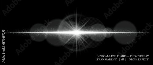 Optical lens flare with glowing core, scattered particles, and horizontal beam. Perfect for overlays, cinematic highlights, and futuristic visual effects in digital design.