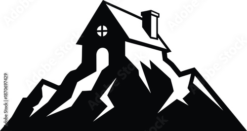 Vector art depiction of a serene house on a mountain peak with snow-covered slopes and a tranquil atmosphere from a distant viewpoint