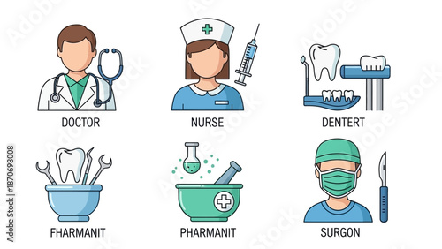 Medical Professionals and Equipment Illustrations in a Healthcare Setting