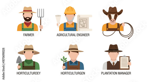 Agricultural professionals working together in a field with various tools and livestock