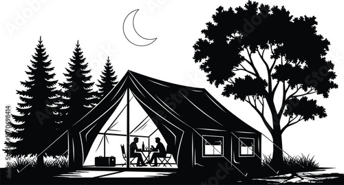 Black and white vector illustration of a luxury glamping tent at night with couple dining inside under a crescent moon and trees,