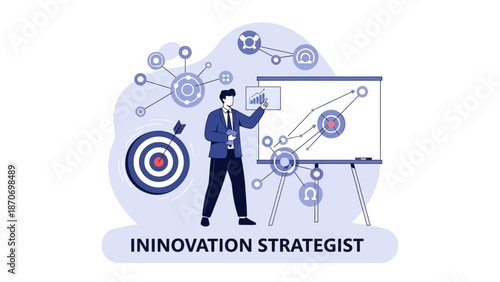 Business strategist presenting innovative ideas on a whiteboard with a target symbol in the background