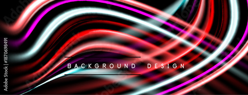 Abstract flowing lines create vibrant background. Red, pink, white colors dominate dark space. Modern design element.