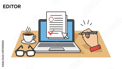 Editor reviewing document on laptop with cup of coffee and glasses on desk