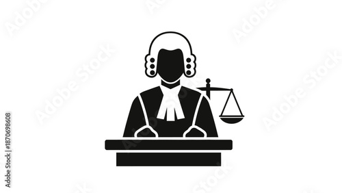 Judge rendering verdict with scales of justice on desk