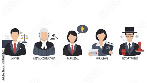 Professionals in the legal profession are depicted in a modern, illustrative style, showcasing various roles and responsibilities.