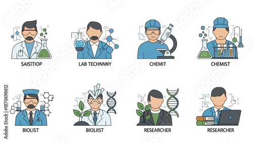 Scientists and researchers working in laboratory settings with various scientific equipment and elements