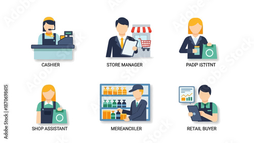 Retail professionals performing various tasks in a store environment