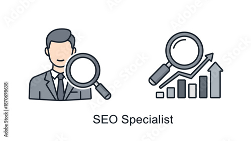 SEO Specialist analyzing graphs and charts with magnifying glass, representing data analysis and growth strategies for online presence