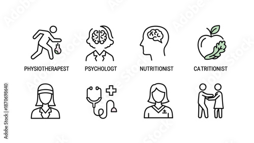 Comprehensive set of outline vector icons depicting various healthcare and wellness professionals, offering clear visual representation for medical services, support, and healthy lifestyle concepts