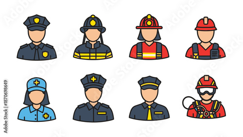 Collection of diverse professional uniform icons representing emergency services and security personnel