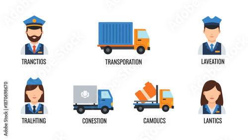A collection of colorful flat design icons representing the vital logistics and transportation industry, featuring professional delivery personnel and diverse service vehicles