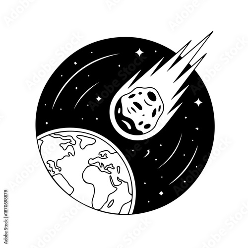 Celestial Collision: Depicting a cosmic event, an asteroid hurtles towards Earth, a striking black and white depiction of a celestial collision.