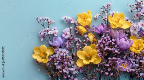 A variety of flowers in yellow purple and pink are arranged on a light blue surface. This colorful collection showcases different types of blooms perfect for celebration and decoration.