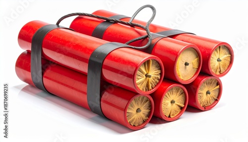 Explosive devices arranged in a bundle with visible wires placed on a white surface during the day