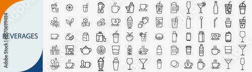 Beverages icons set, drinks and liquid refreshment vector line art symbols
