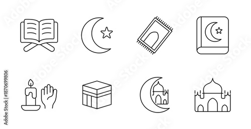 Islamic culture set icon. Quran, moon, prayer rug, candle, hand, kaaba, mosque, book, star, prayer, ramadan, religion, worship, sacred, holy