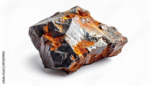 Unique black and orange mineral rock on a white surface with detailed texture visible to the viewer