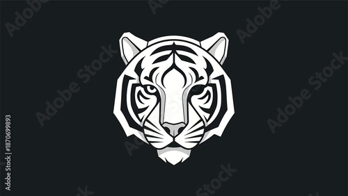 Intense white tiger face illustration on a dark background, striking design.