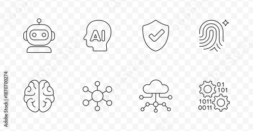 Artificial intelligence set icon. Robot head, AI head, shield, fingerprint, brain, network hub, cloud connection, binary gears in minimal digital technology line style.