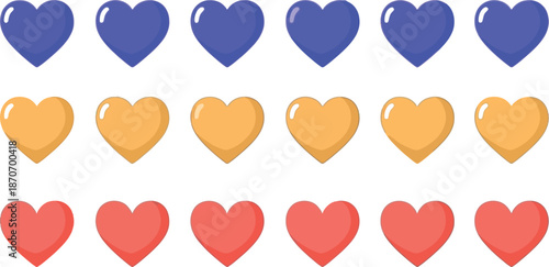 A colorful arrangement of hearts in purple yellow and red hues on a white background