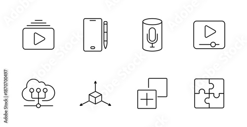 Media set icon. Play button, smartphone, voice control, video, cloud, structure, plus, puzzle.