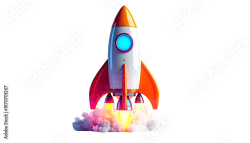 Animated rocket taking off from a cloud of vapor, black background