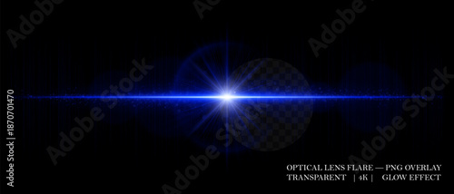 Optical horizontal lens flare with soft reflections, glowing orbs, and radiant beam. Great for digital overlays, photo lighting, and sci-fi design projects.