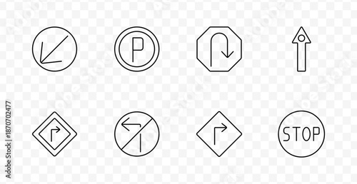 Road signage set icon. Circles, diamonds, arrows, parking, and stop visuals depict regulated directions, restricted turns, U-turns, and permitted vehicle control signs