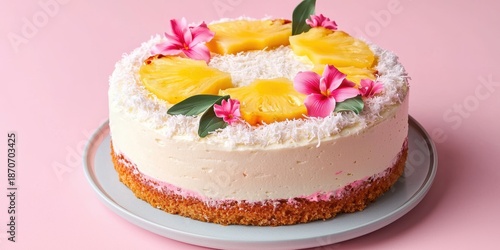 A vibrant cake topped with pineapple slices and flowers, set against a pink background, showcasing a delightful tropical dessert.