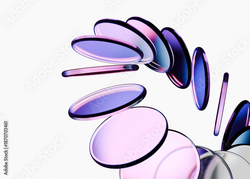 Abstract glass disc spiral minimal 3d render, glossy pastel circle reflection modern background