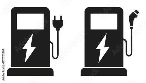 Renewable energy electric vehicle charging station icons. Green transport eco-friendly power sign. Outline vector of EV charger for sustainability reports.