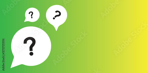 Question mark speech bubbles on green yellow gradient background with copy space - FAQ, support, and business concept.