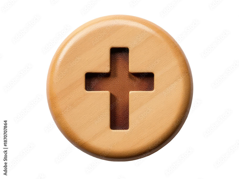 Fototapeta premium A small wooden button featuring a cross symbol