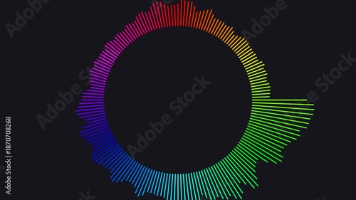 Smooth full circle audio visualizer with rainbow spectrum. Use for music-themed projects, live performances, or as a vibrant overlay.