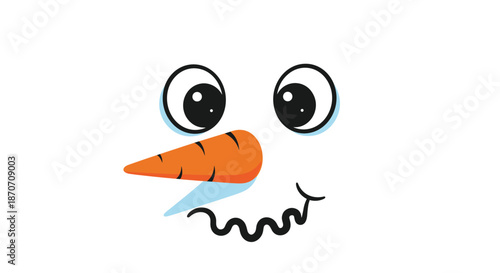 Close up of a smiling snowman face with a carrot nose and large expressive eyes, creating a cheerful winter holiday character.