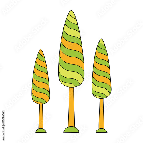 Surreal striped trees twist skyward, their bark painted in odd bands of color, forming a weird forest where nature feels playful, mysterious, and dreamlike.
