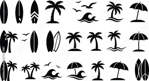 Beach, summer, vacation, surfing, silhouette, icons, set, palm, tree, surfboard, ocean, wave, tropical, island, sun, umbrella, sea, bird, travel, isolated