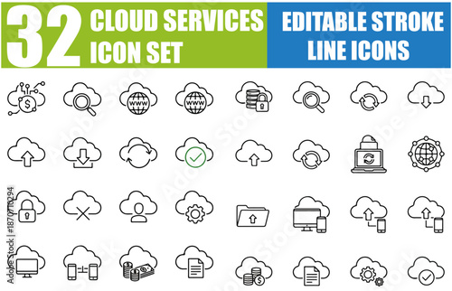 Cloud Services Icon Set - Cloud Computing, Cloud Storage, Server, Database, Network, IaaS, PaaS, SaaS, Security, Hosting, Infrastructure, Migration, Backup, Collaboration and More - Editable Line Icon