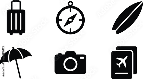 Travel icons set, vector black silhouettes, luggage suitcase, compass, surfboard, beach umbrella, camera, passport, vacation symbols, tourism elements, adventure equipment, summer.