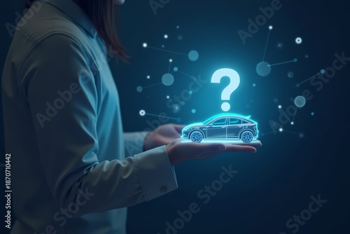Exploring AI-Powered Insurance Options for Electric Cars: Person Examining Holographic Question Mark Next to Model