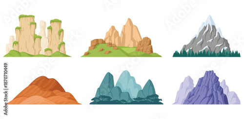 Stylized flat vector set of mountain landscapes including sandstone pillars, rocky hills, snowy peak with forest, desert dunes, forest mountains, and sharp rock cliffs. Isolated on white for games, ma