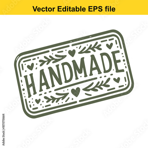  vector editable eps file of a green handmade stamp with white background and leaf patterns