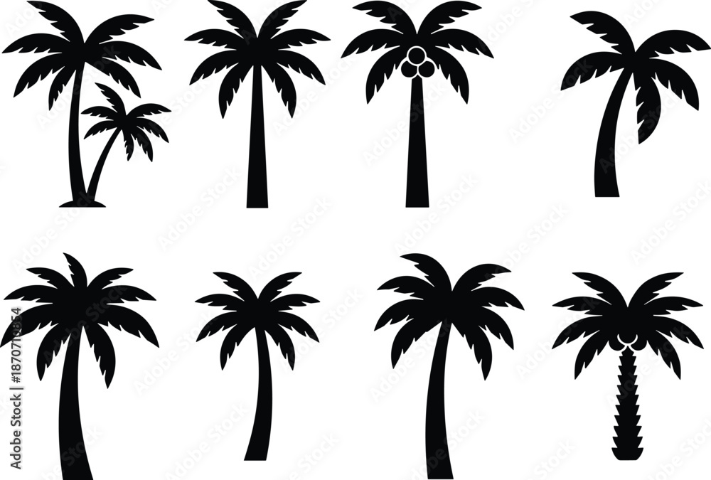Fototapeta premium Tropical Palm Tree Silhouette Vector Collection, Summer Beach Coconut Palm Trees Set, Exotic Island Vacation Symbols, Isolated On White Background.