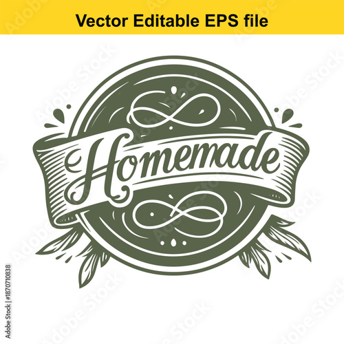  vintage homemade label with green leaves and ribbon design isolated on white background