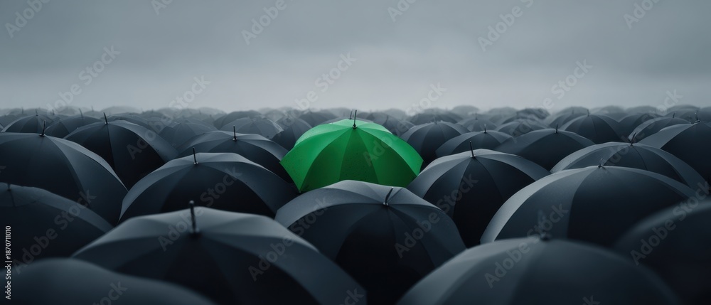 Fototapeta premium The green umbrella standing out among a sea of black umbrellas and fog