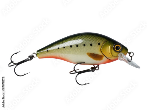A close-up shot of a fishing lure on a white background, perfect for illustrations or designs related to fishing, outdoors, and recreation