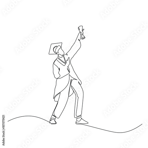 Continuous line drawing of a triumphant graduate in cap and gown holding a trophy, celebrating academic achievement.